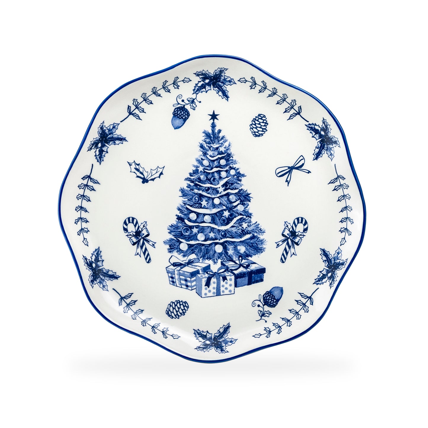 Blue Holly Christmas Tree Dinner Plate