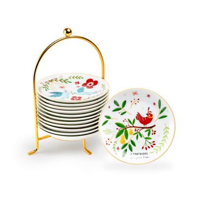 12 Days of Christmas Fine Porcelain Appetizer Plate Set - Metal Rack Version