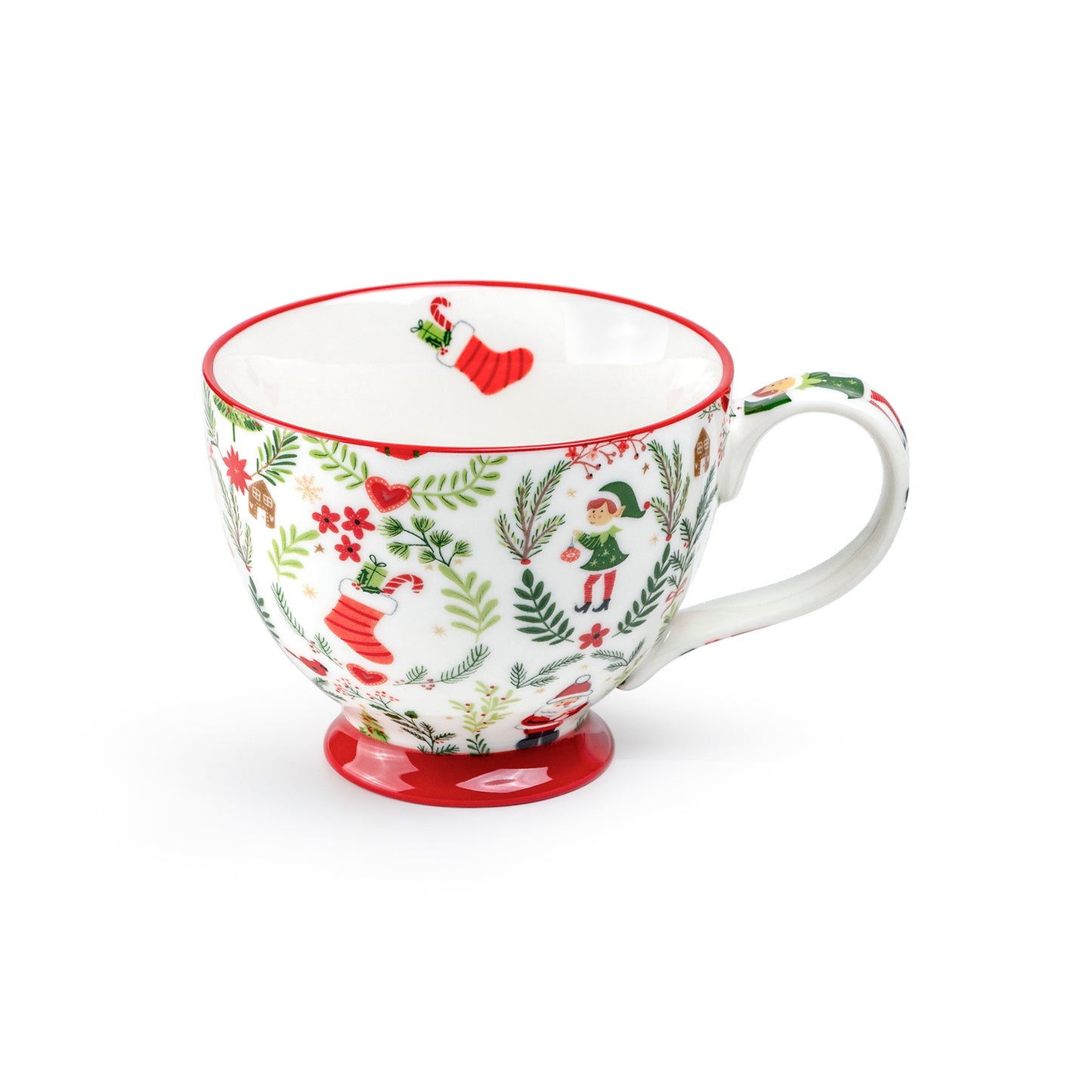 Festive Holiday Elf and Santa Fine Porcelain Latte Mug