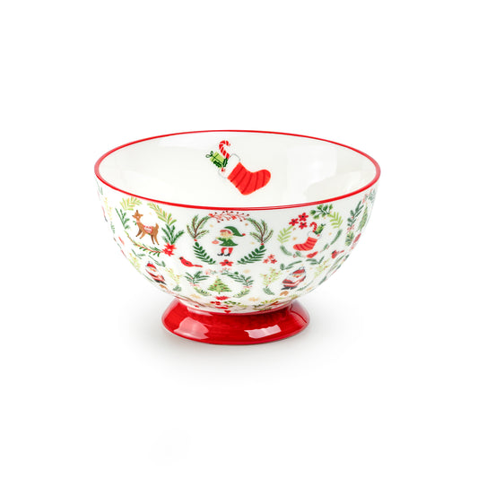 Festive Holiday Elf and Santa Fine Porcelain Bowl
