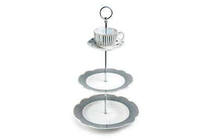 Dark Gray Stripes with Gold Dots Scallop Fine Porcelain 3-Tier Server