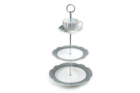 Dark Gray Stripes with Gold Dots Scallop Fine Porcelain 3-Tier Server