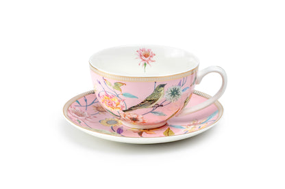 Spring Flowers with Bird Pink Fine Porcelain Latte Cup and Saucer