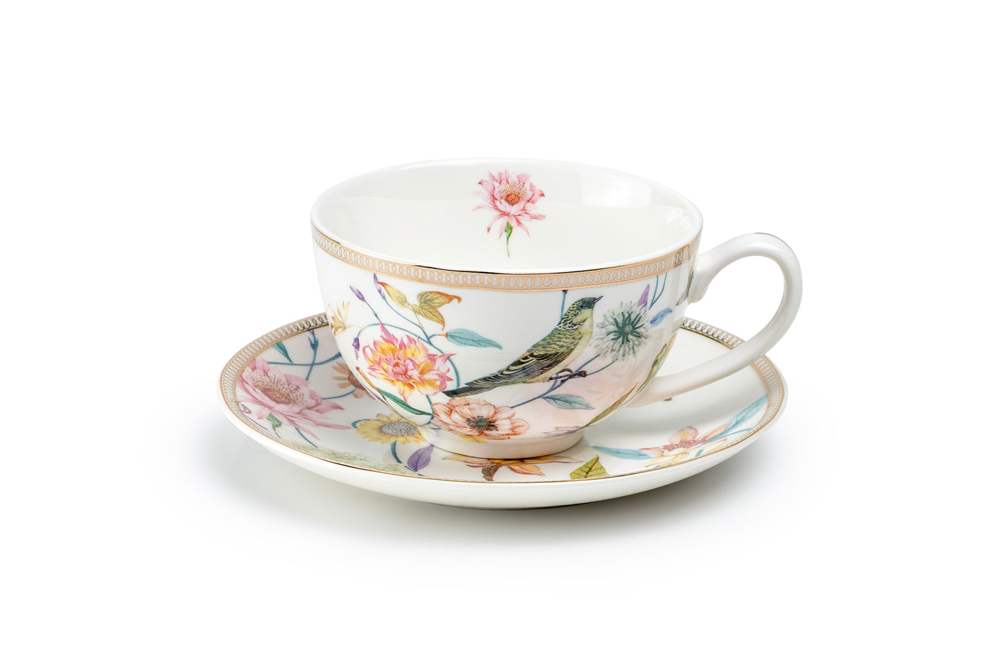 Spring Flowers with Bird Fine Porcelain Latte Cup and Saucer