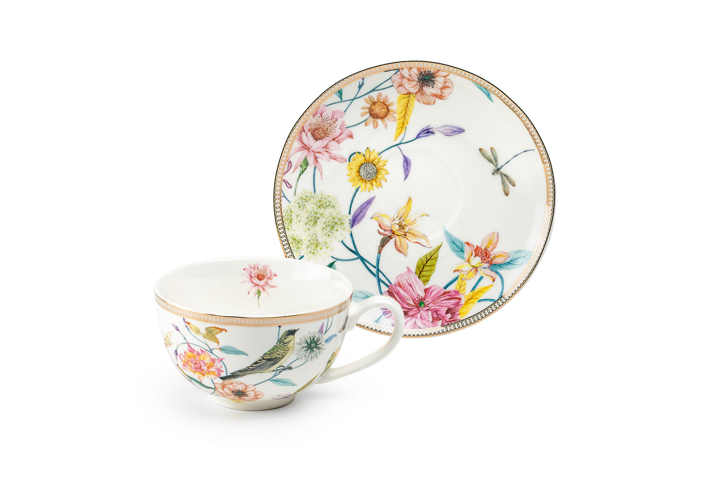 Spring Flowers with Bird Fine Porcelain Latte Cup and Saucer