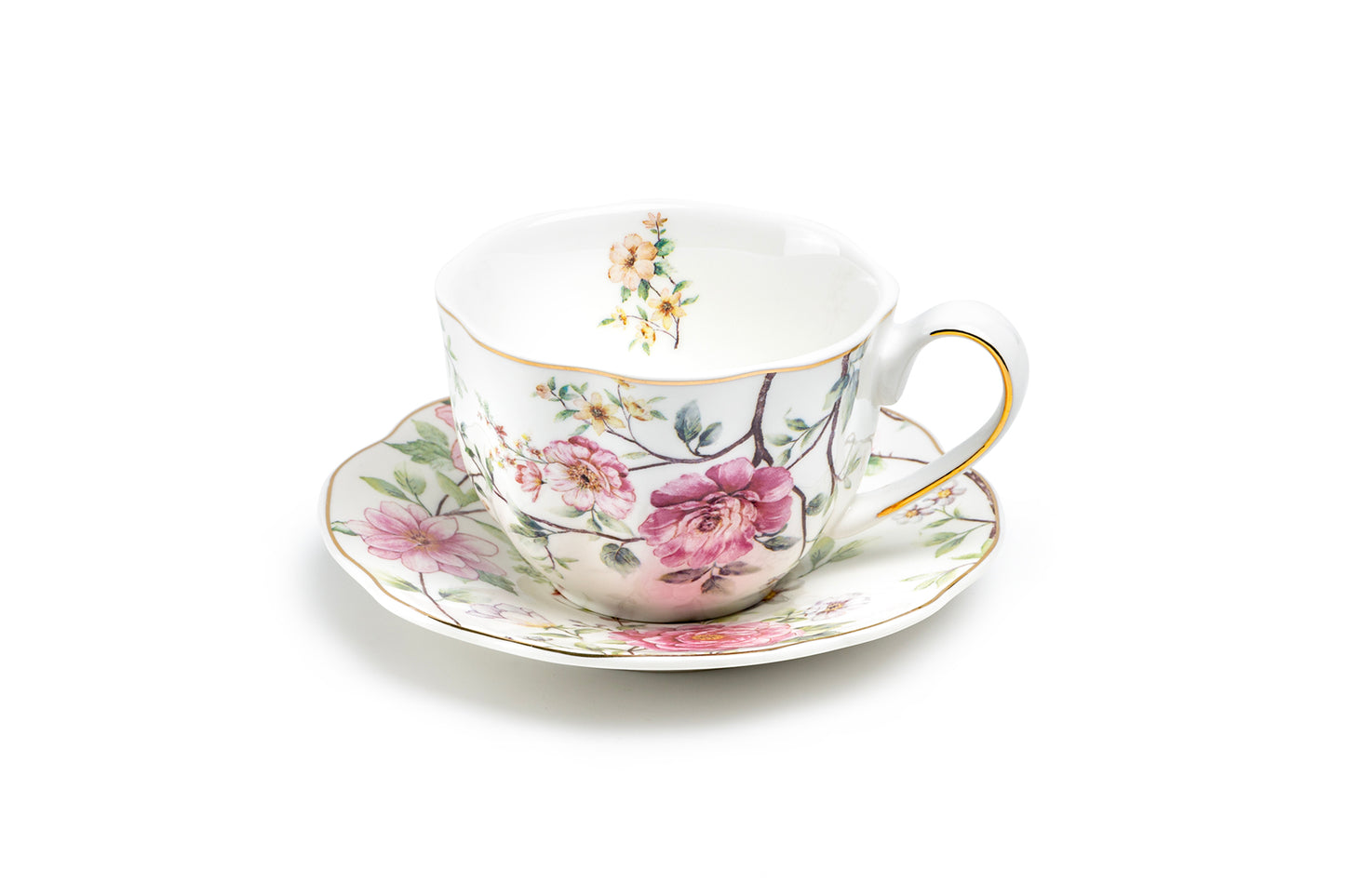 Pink Camellia Scallop Fine Porcelain Tea Cup and Saucer
