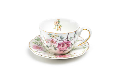 Pink Camellia Scallop Fine Porcelain Tea Cup and Saucer