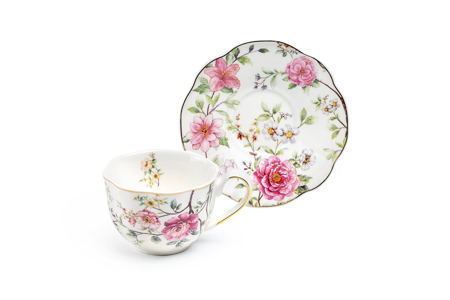 Pink Camellia Scallop Fine Porcelain Tea Cup and Saucer