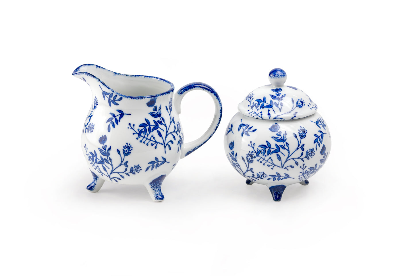 Blue Botanical Three-Foot Fine Porcelain Sugar & Creamer Set