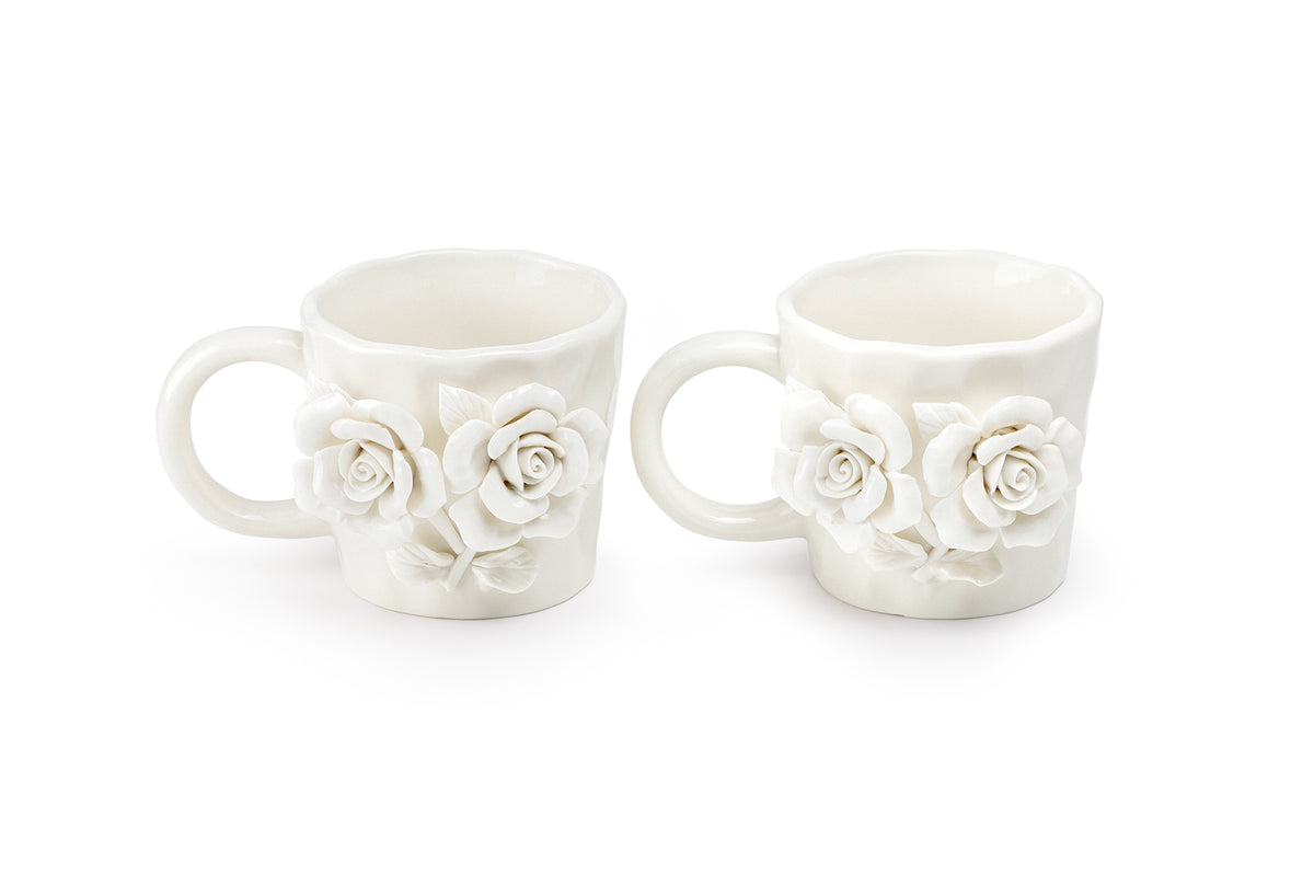 White Sculpted Rose Bouquet Fine Porcelain Mug Set of 2