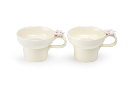 Ivory Pink Sculpted Rose Fine Porcelain Mug Set of 2
