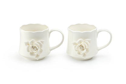 White Sculpted Rose Fine Porcelain Mug Set of 2