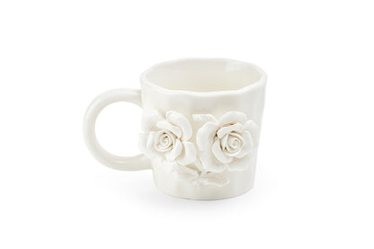 White Sculpted Rose Bouquet Fine Porcelain Mug Set of 2