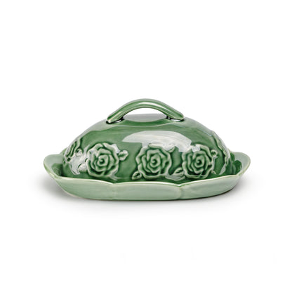 Green Embossed Rose Butter Dish