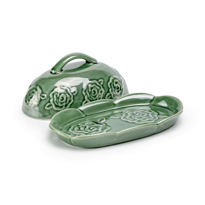 Green Embossed Rose Butter Dish