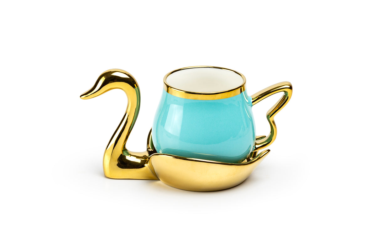 Golden Swan Turquoise Fine Porcelain Tea Cup and Saucer