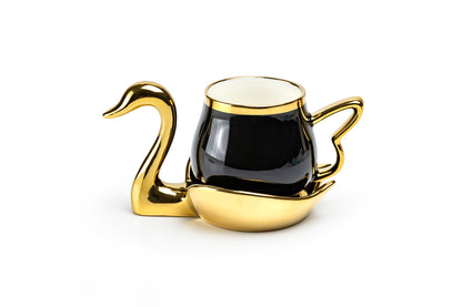 Golden Swan Black Fine Porcelain Tea Cup and Saucer