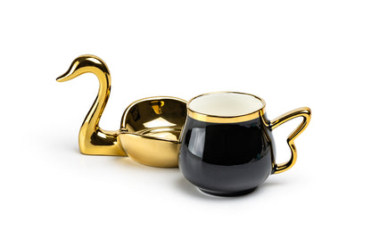 Golden Swan Black Fine Porcelain Tea Cup and Saucer