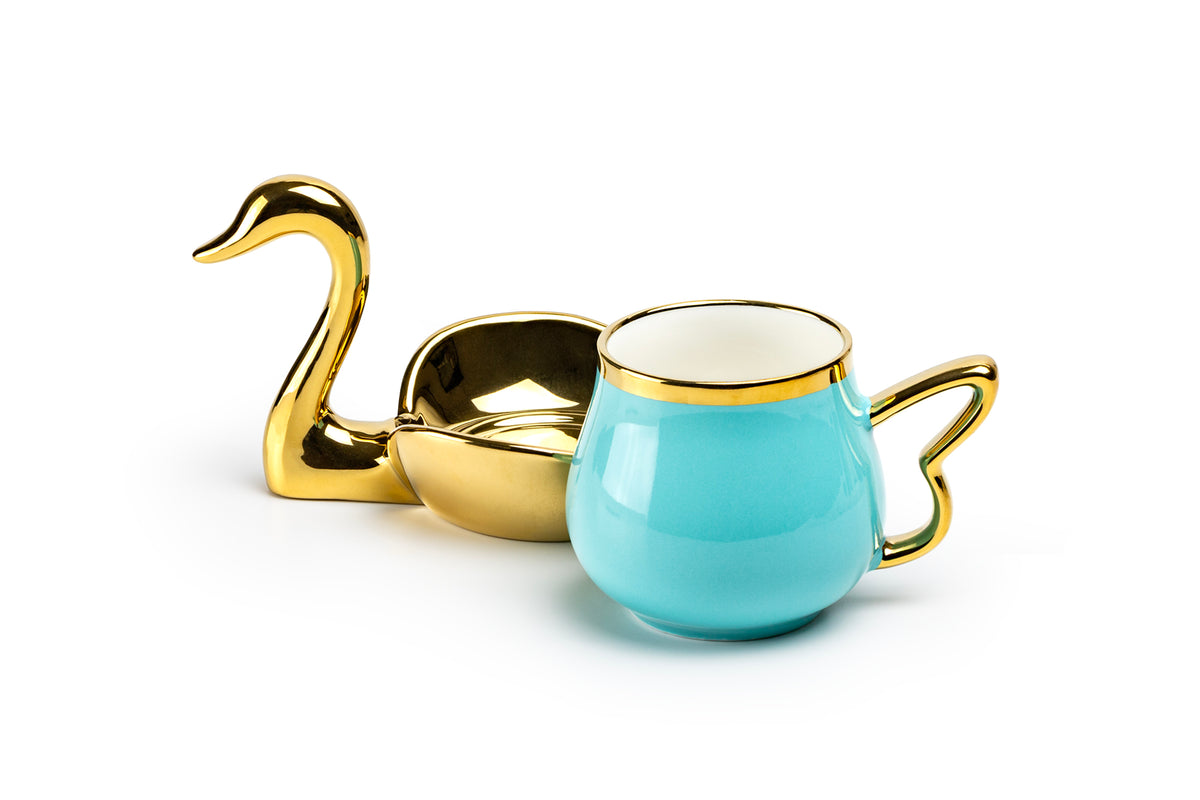 Golden Swan Turquoise Fine Porcelain Tea Cup and Saucer