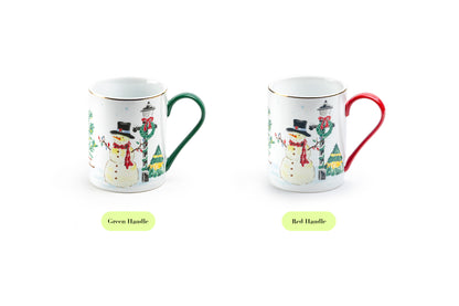 Jolly Snowman Fine Porcelain Mug with Green Handle