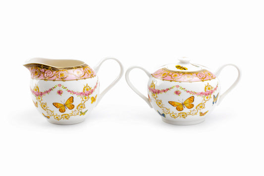 Butterflies with Pink Ornament Fine Porcelain Sugar & Creamer Set