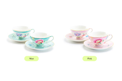 Pink Flower Garden Fine Porcelain Cup and Saucer Set of 2