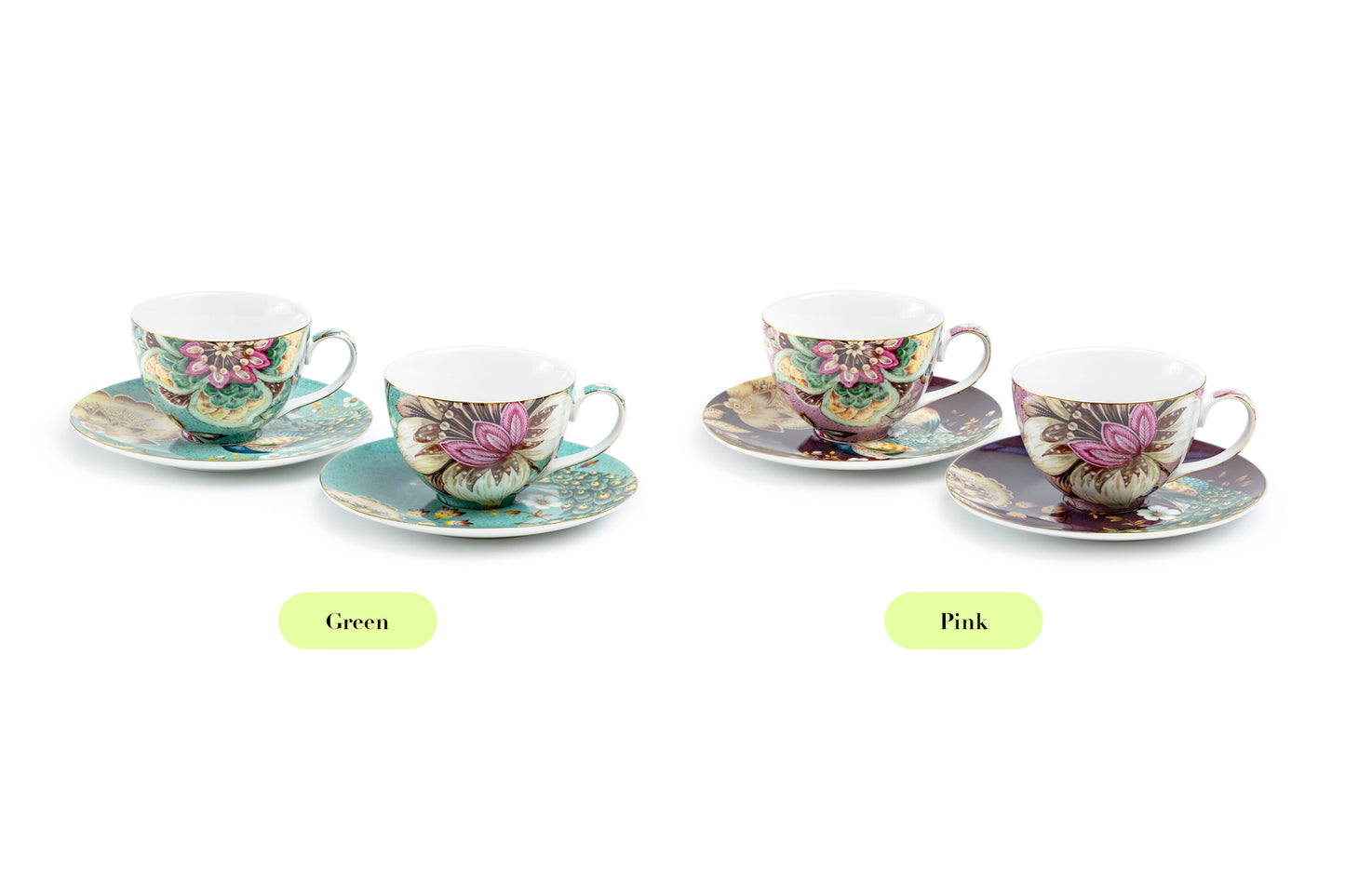 Peacock Lotus Garden Pink Fine Porcelain Cup and Saucer Set of 2