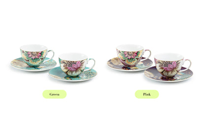 Peacock Lotus Garden Pink Fine Porcelain Cup and Saucer Set of 2
