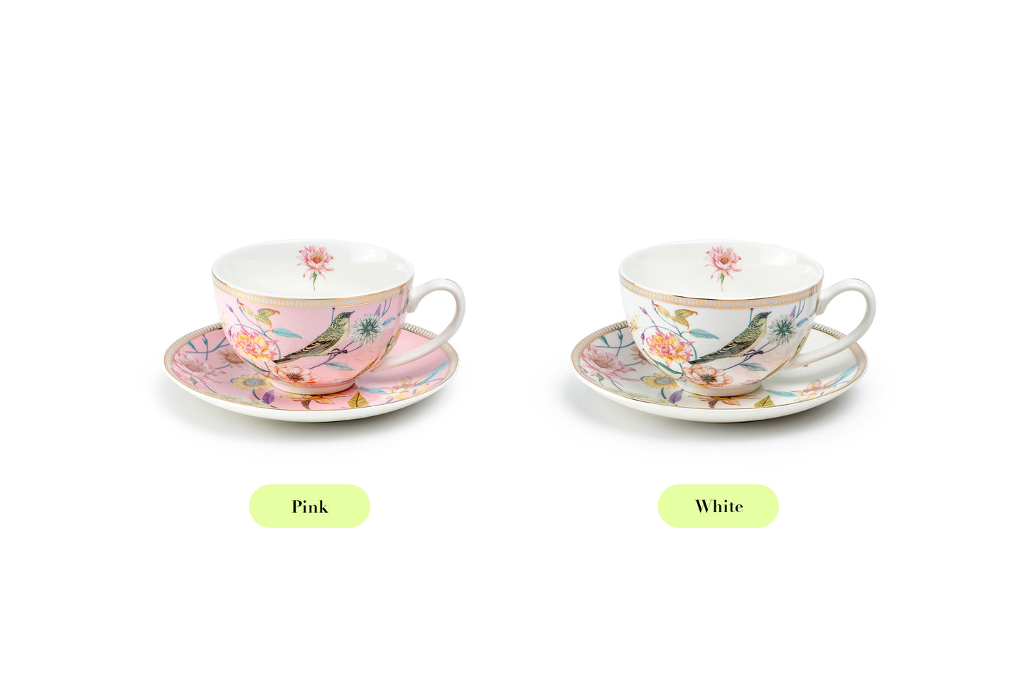 Spring Flowers with Bird Fine Porcelain Latte Cup and Saucer