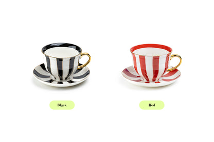 Black Carousel Stripes Fine Porcelain Cup and Saucer - 10oz