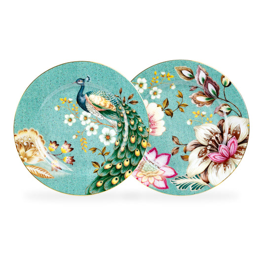 Peacock Lotus Garden Green Fine Porcelain Dessert Plate Set of 2