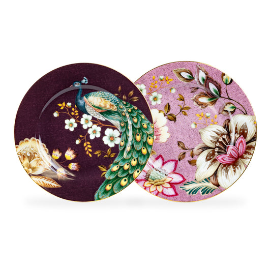 Peacock Lotus Garden Pink Fine Porcelain Dessert Plate Set of 2